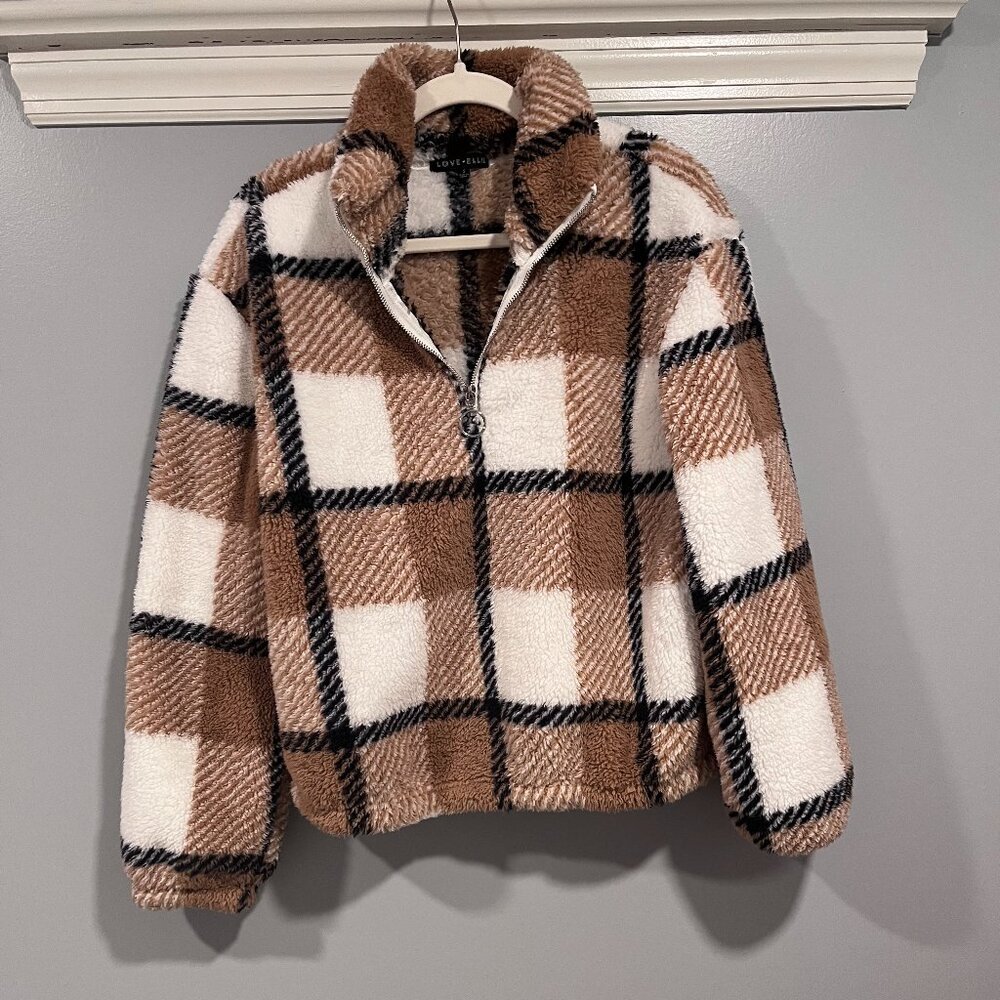 LOVE ELLIE Brown & White Plaid Quarter-Zip Sherpa Pullover – Size Small